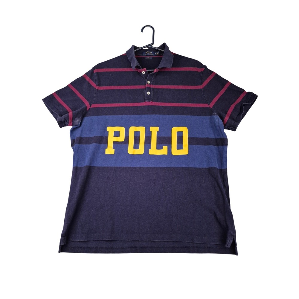Polo Ralph Lauren Mens XL Classic Fit Striped Polo Shirt Navy Blue Yellow Logo